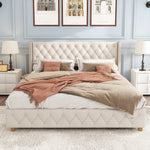 Upholstered Bed 140x190cm Slatted Base Headboard Button & Rivet Trim - Linen Beige