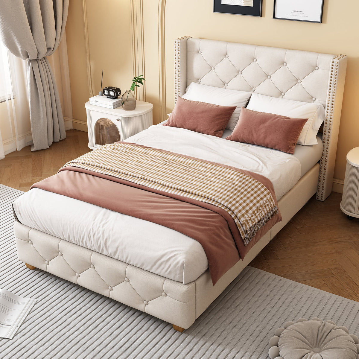 Upholstered Bed 90x200cm Slatted Frame Button Studded Headboard - Linen Beige