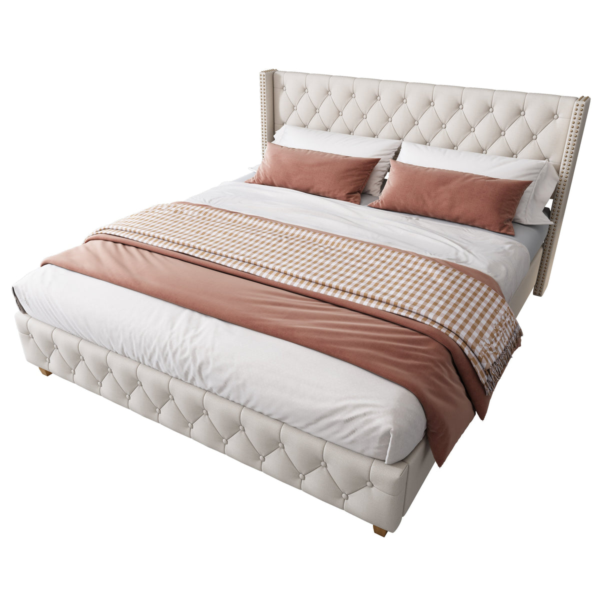 Upholstered Bed 160x200cm Button Studded Headboard Slatted Frame - Linen Beige