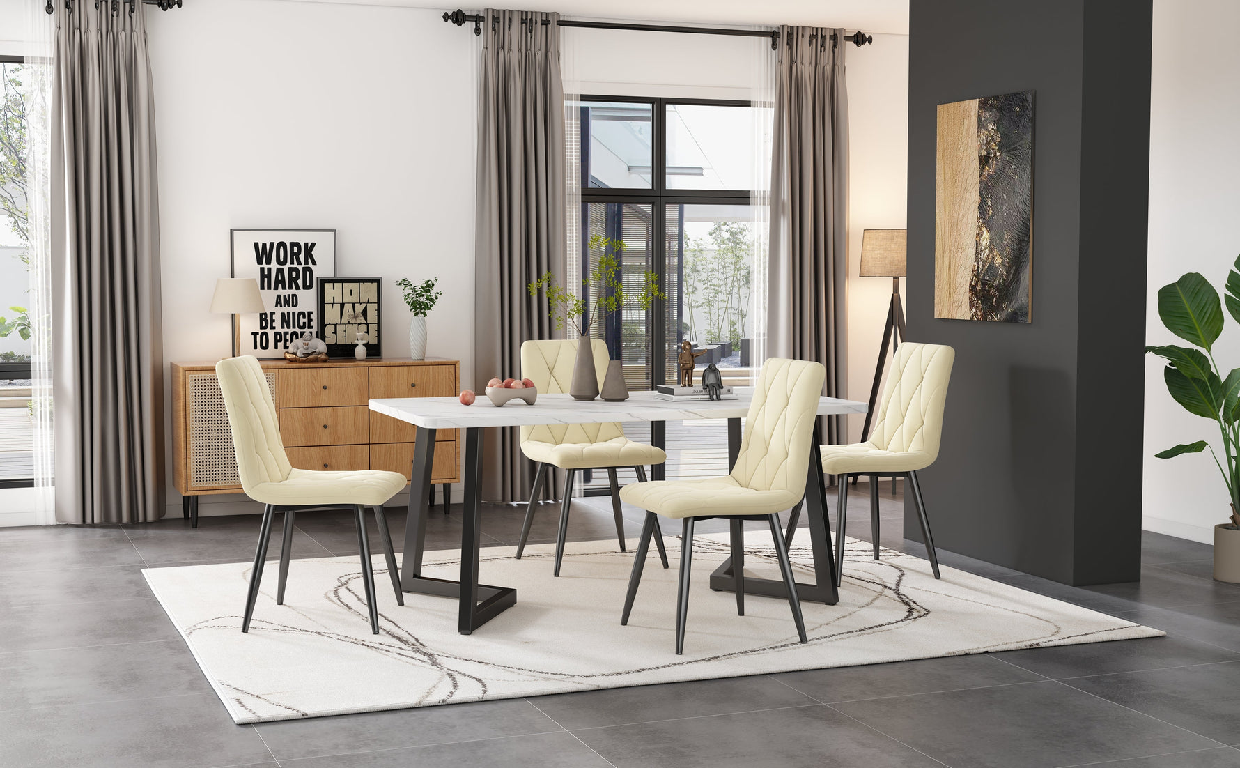 Dining Chair Set of 4 Upholstered Twill Velvet with Backrest Metal Legs Beige