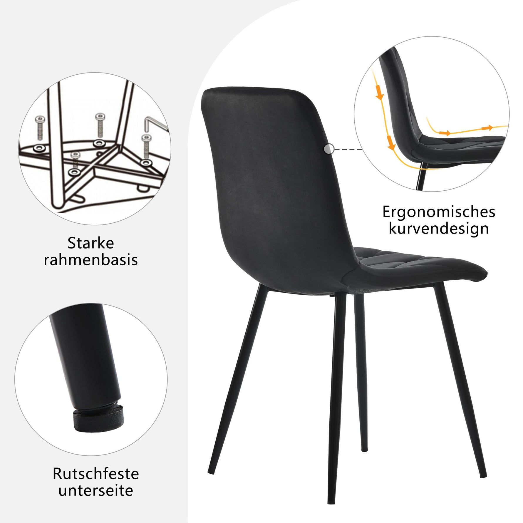 Dining Chair Set of 4 - Upholstered Designer Backrest Metal Frame - Twill Velvet Black