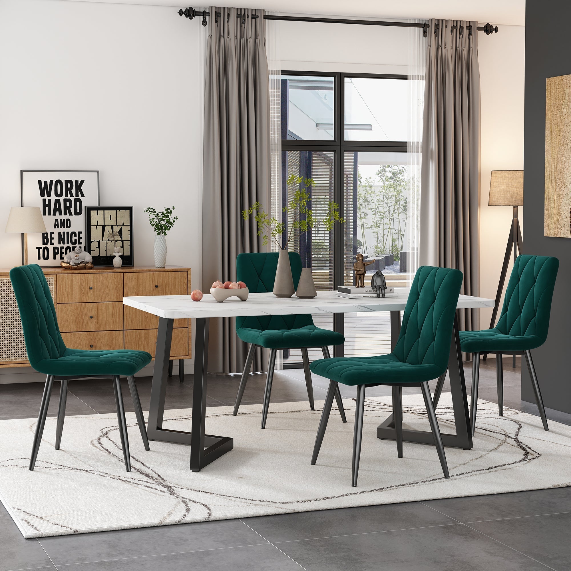 Dining Set 5-Piece 117x68cm Rectangular Table 4 Dark Green Twill Velvet Chairs Black