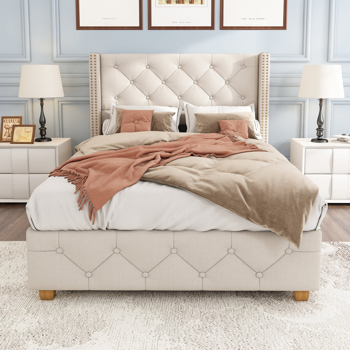 Upholstered Bed 90x200cm Slatted Frame Button Studded Headboard - Linen Beige
