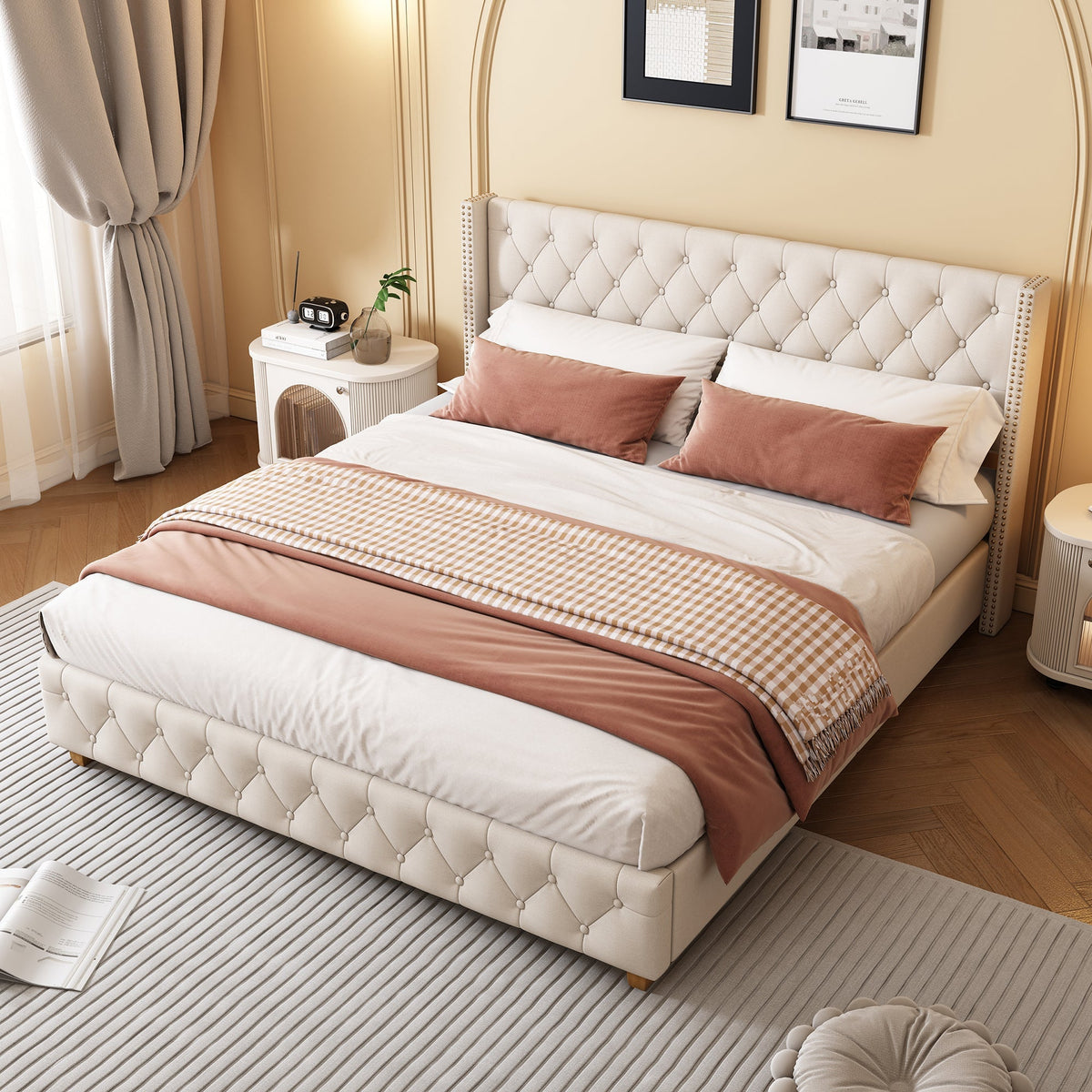 Upholstered Bed 140x190cm Slatted Base Headboard Button & Rivet Trim - Linen Beige
