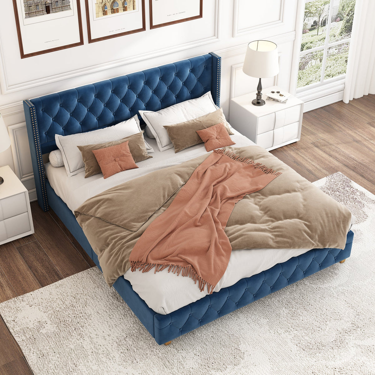 Upholstered Bed 160x200cm Button & Studded Headboard - Velvet Blue