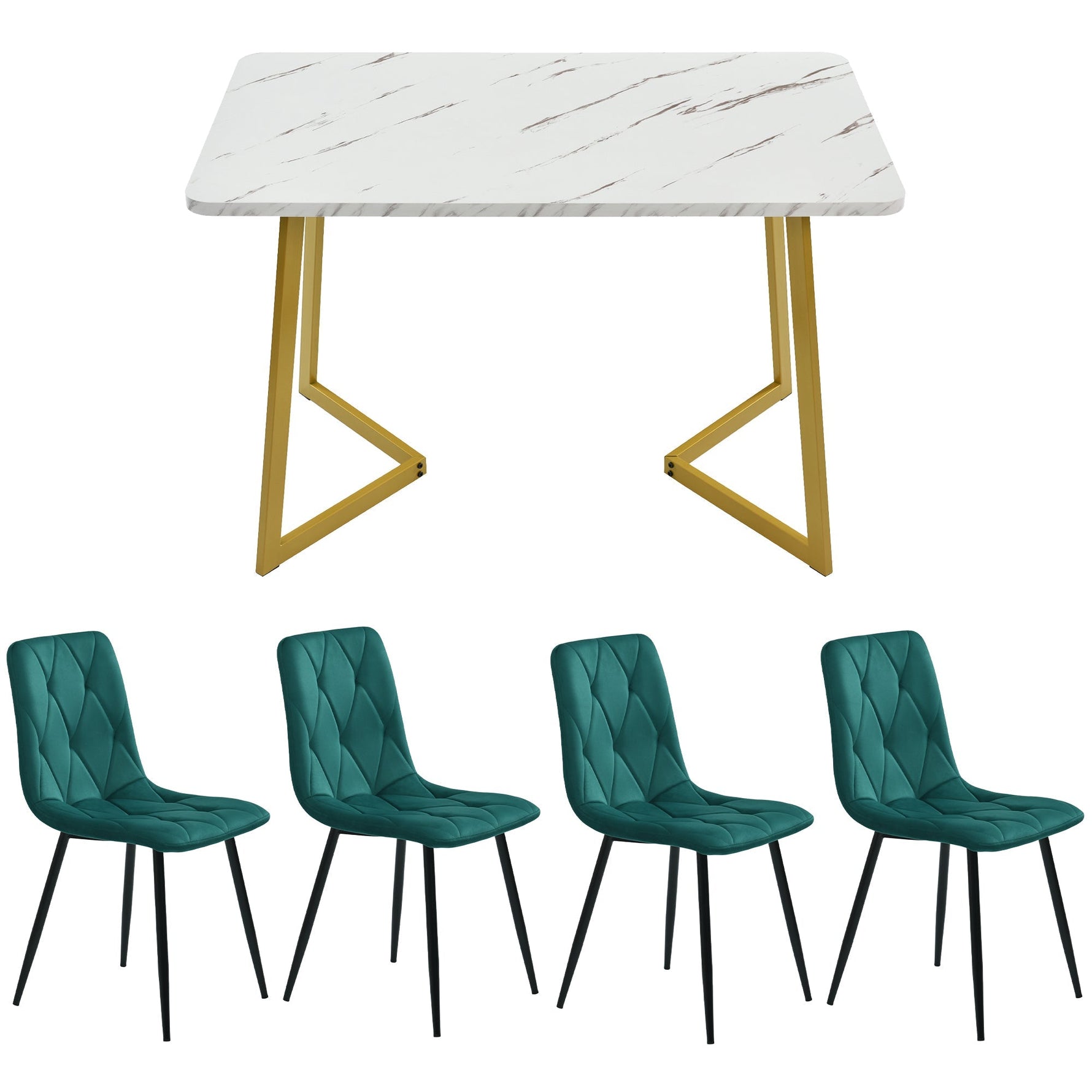 Dining Set 5-Piece Rectangular Table 117x68cm 4 Chairs Dark Green Twill Velvet Gold Legs