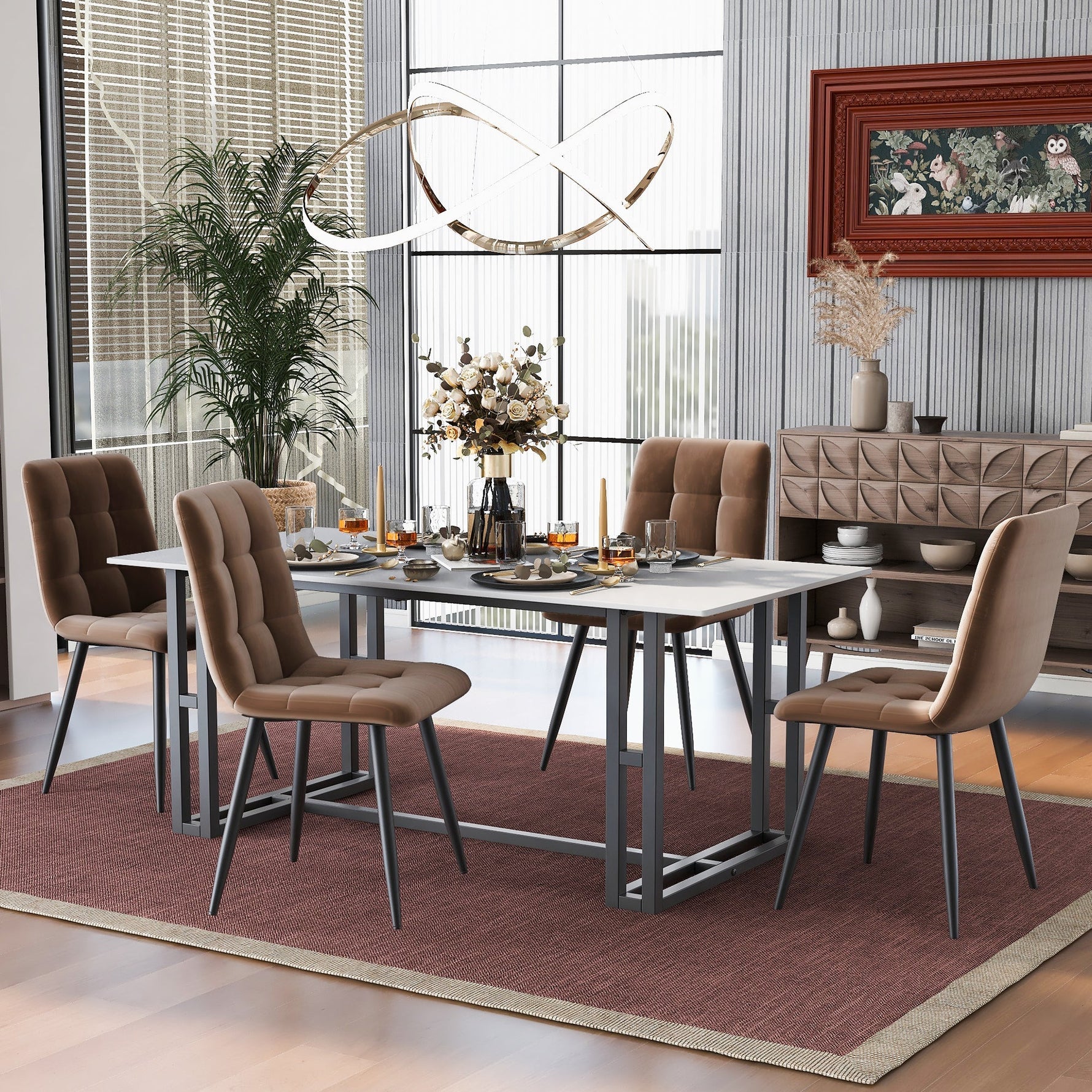 Dining Chair Set (4 Pcs) Upholstered Designer Velvet Metal Frame Brown