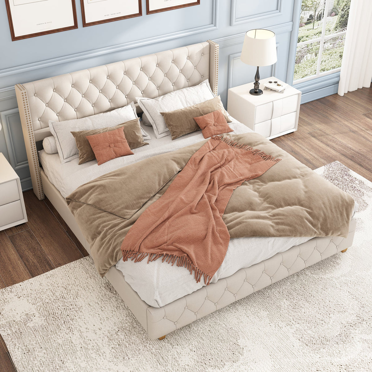 Upholstered Bed 160x200cm Button Studded Headboard Slatted Frame - Linen Beige