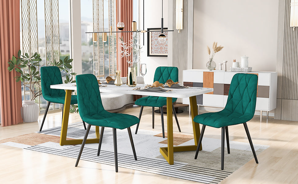 Dining Set 5-Piece Rectangular Table 117x68cm 4 Chairs Dark Green Twill Velvet Gold Legs