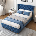 Upholstered Bed 90x200cm Slatted Frame Headboard Button Studded Upholstery Velvet Blue
