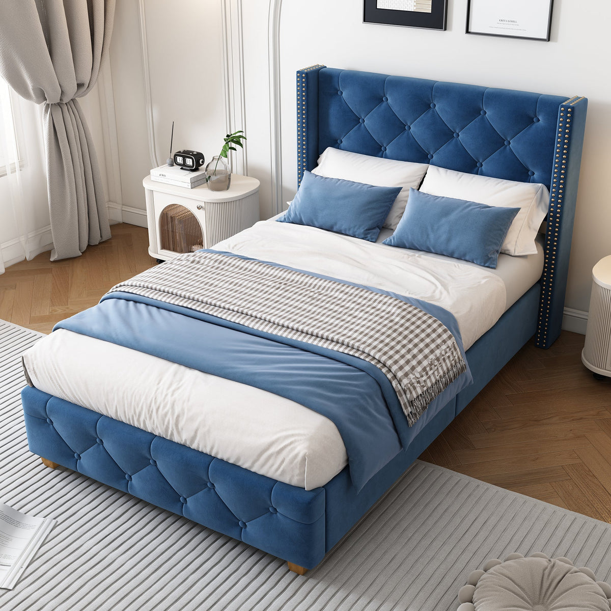 Upholstered Bed 90x200cm Slatted Frame Headboard Button Studded Upholstery Velvet Blue