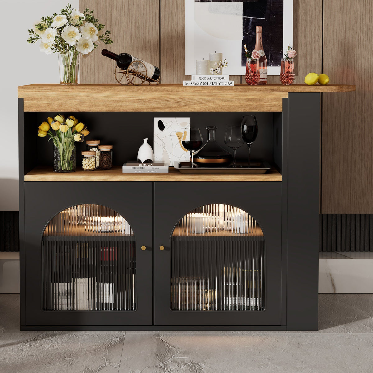 Extendable Bar Table Rotatable Storage LED Light Black