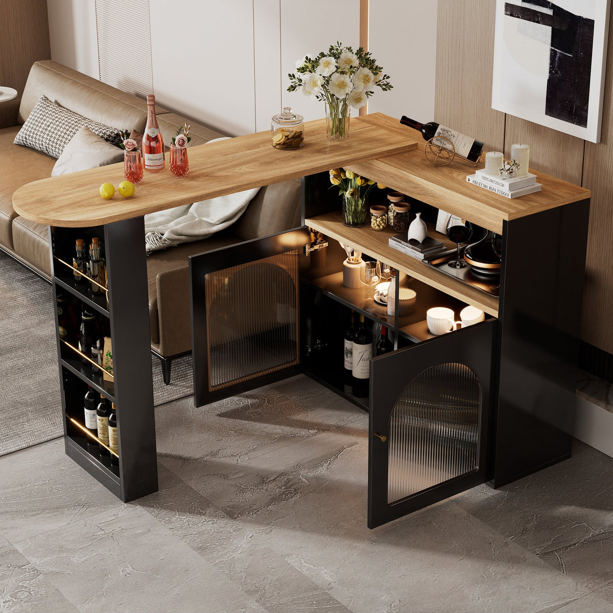 Extendable Bar Table Rotatable Storage LED Light Black