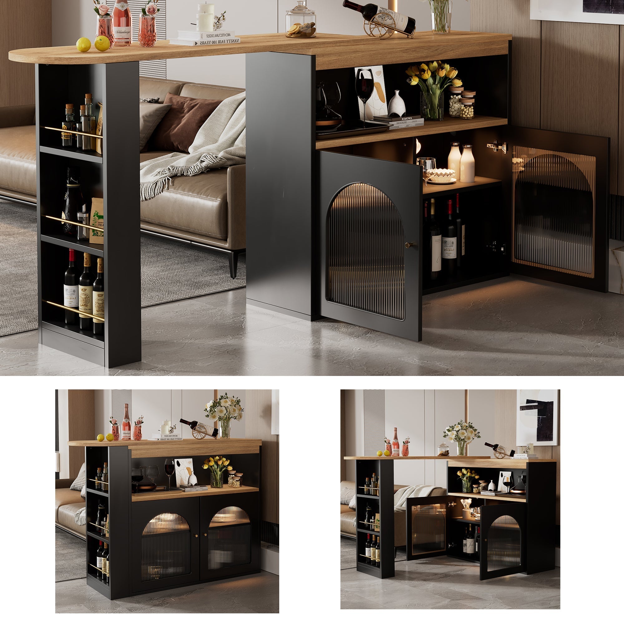 Extendable Bar Table Rotatable Storage LED Light Black