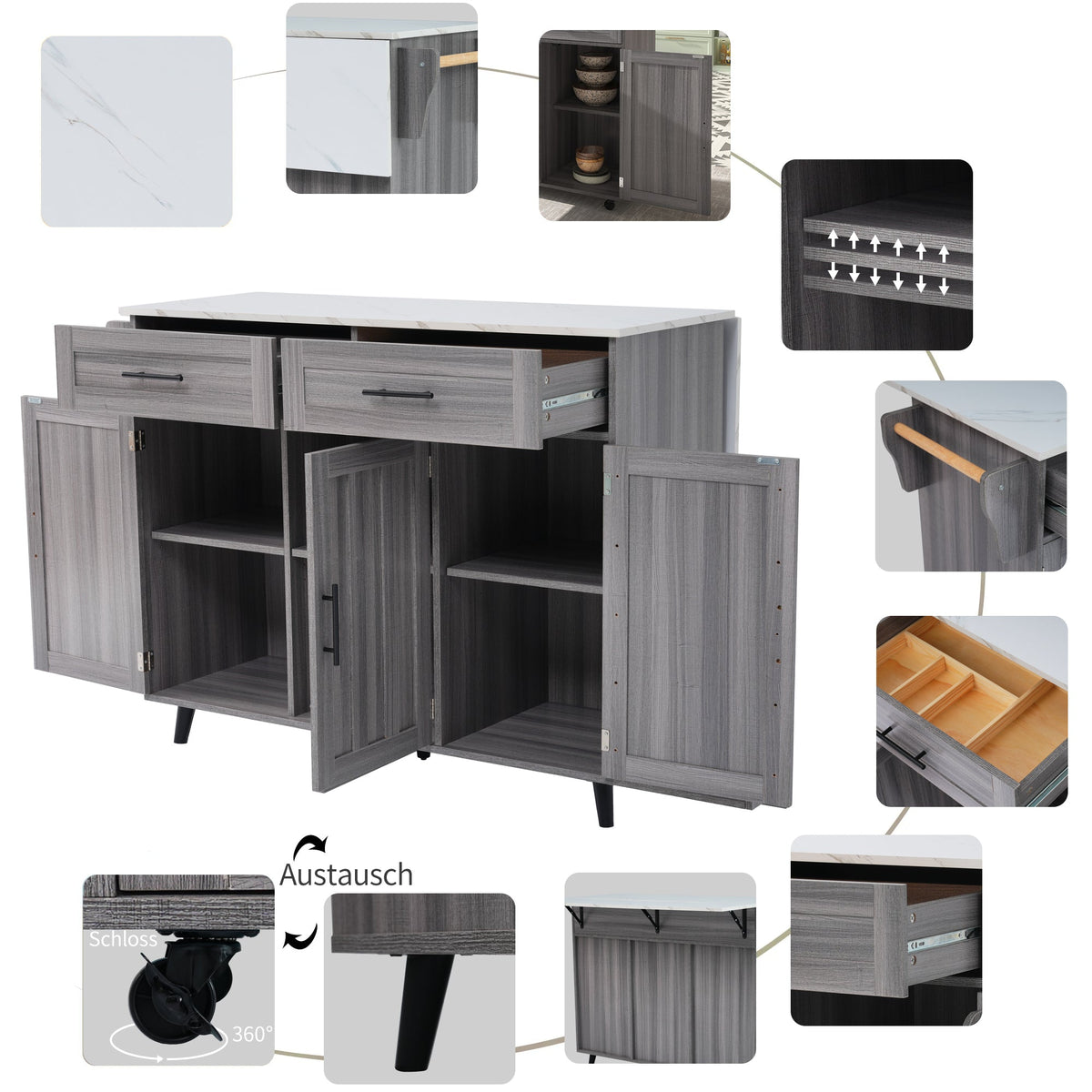 Dining Cart Kitchen Island Folding Table 5 Wheels Storage 2 Drawers - White/Khaki Grey
