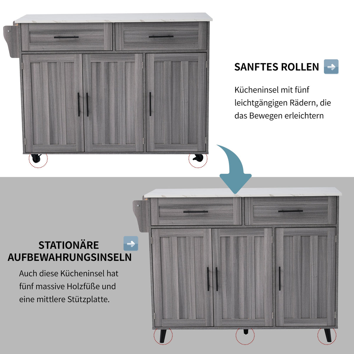 Dining Cart Kitchen Island Folding Table 5 Wheels Storage 2 Drawers - White/Khaki Grey