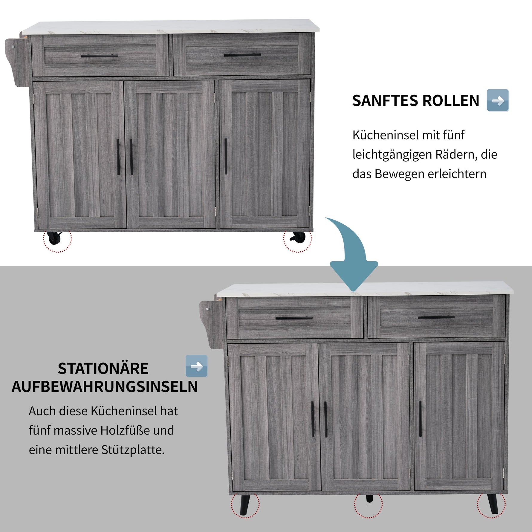 Dining Cart Sideboard Extendable White Marble Top Storage Wheels - Khaki Gray Wood Grain