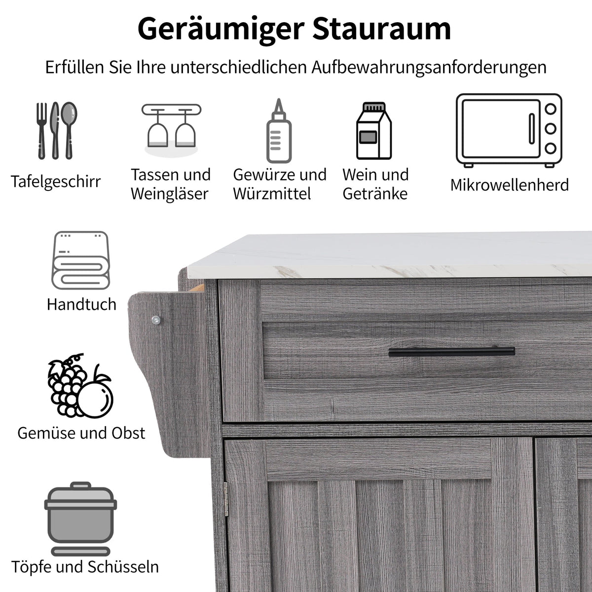 Dining Cart Kitchen Island Folding Table 5 Wheels Storage 2 Drawers - White/Khaki Grey