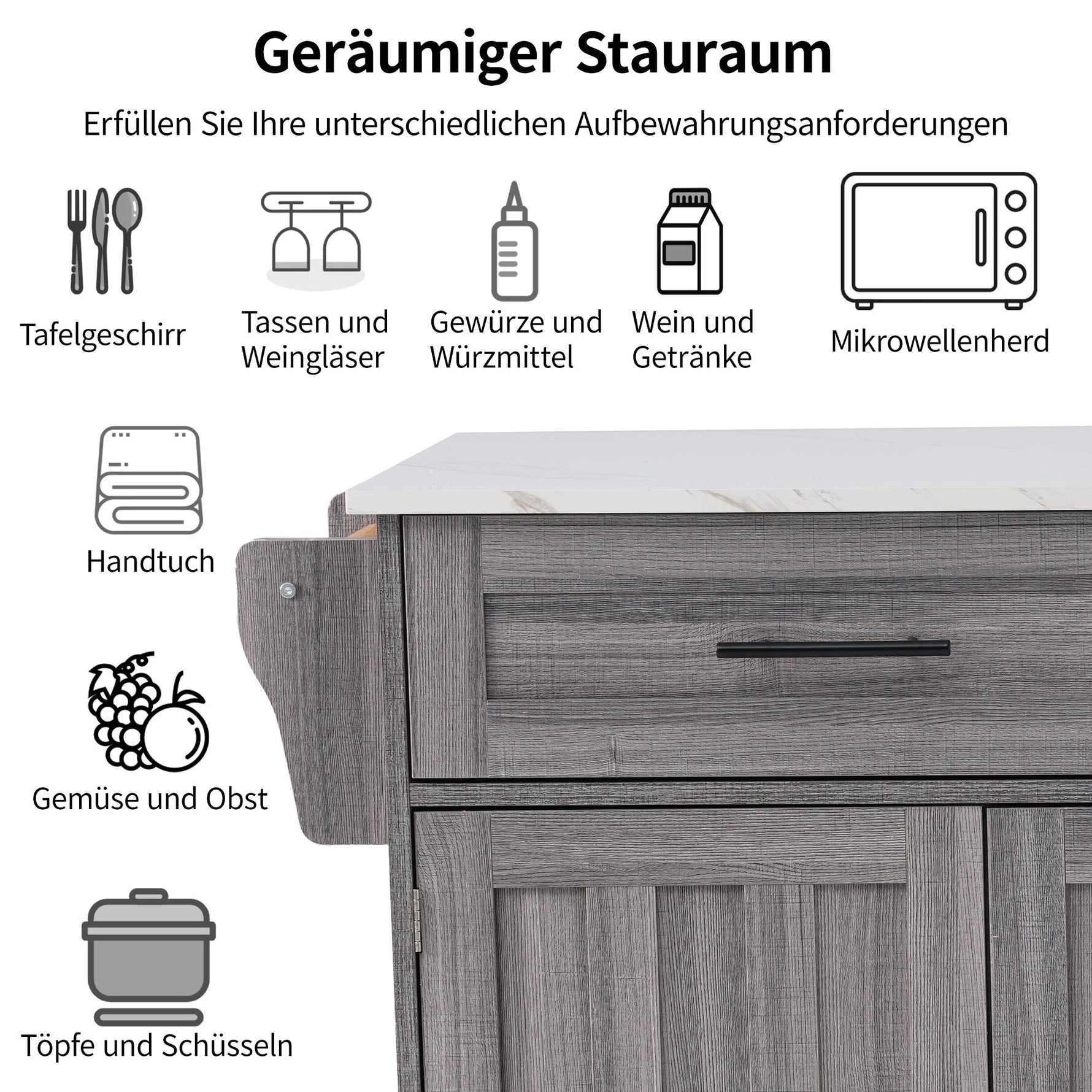 Dining Cart Sideboard Extendable White Marble Top Storage Wheels - Khaki Gray Wood Grain