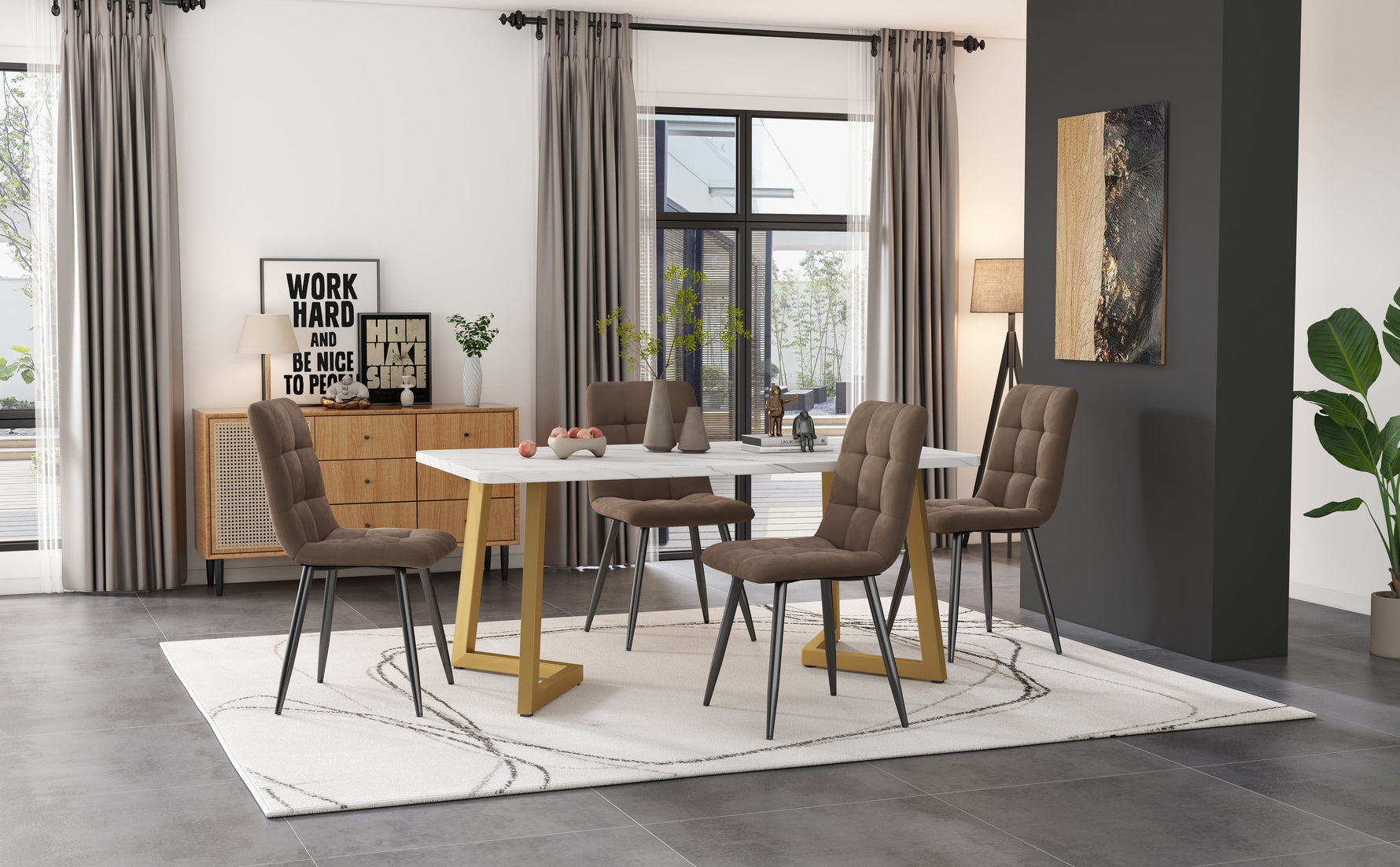 Dining Set 5-Piece Rectangular Modern Kitchen Table 4 Chairs Brown Velvet Gold Legs
