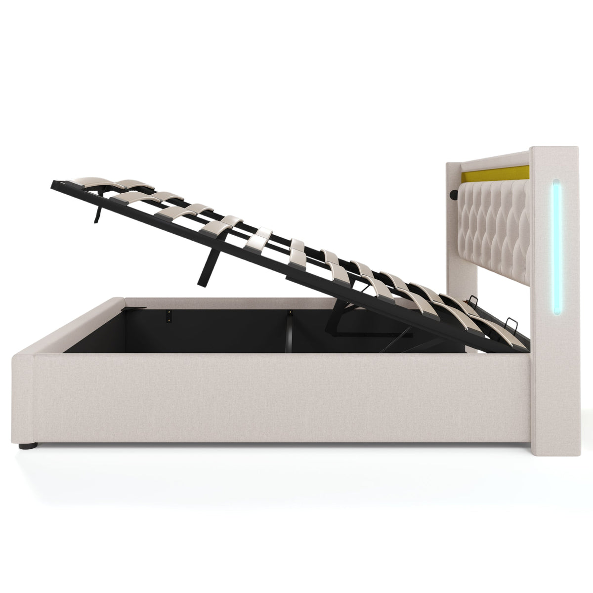 Upholstered Bed, LED Double Bed with USB & Type C Charging, Cotton