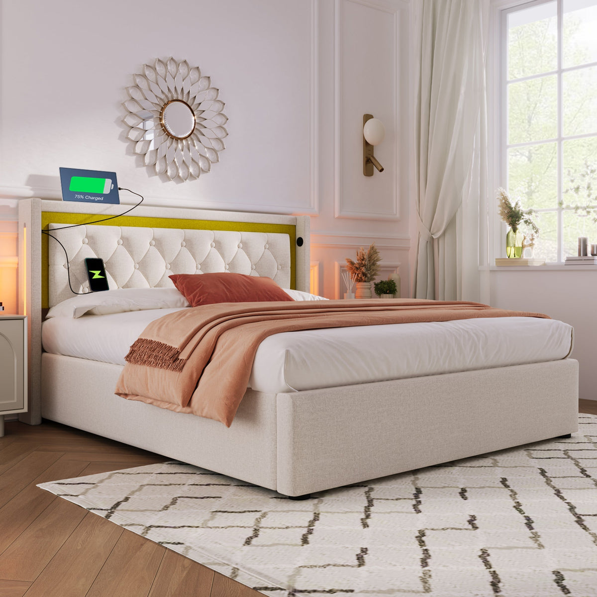 Upholstered Bed, LED Double Bed with USB & Type C Charging, Cotton