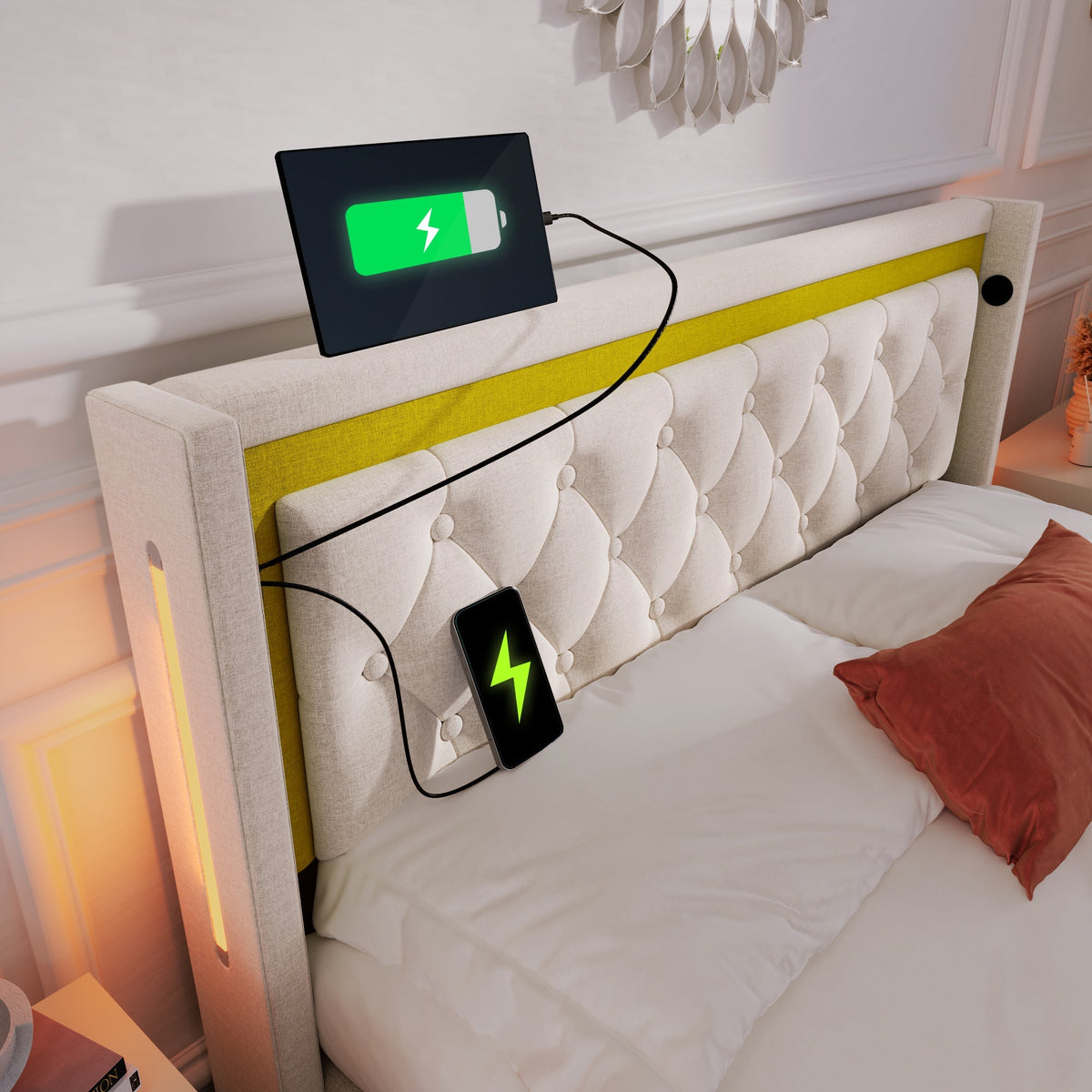 Upholstered Bed, LED Double Bed with USB & Type C Charging, Cotton