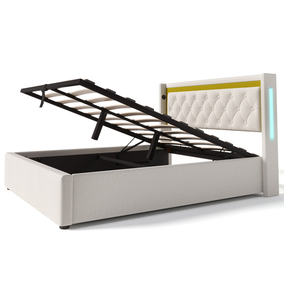 Upholstered Bed, LED Double Bed with USB & Type C Charging, Cotton
