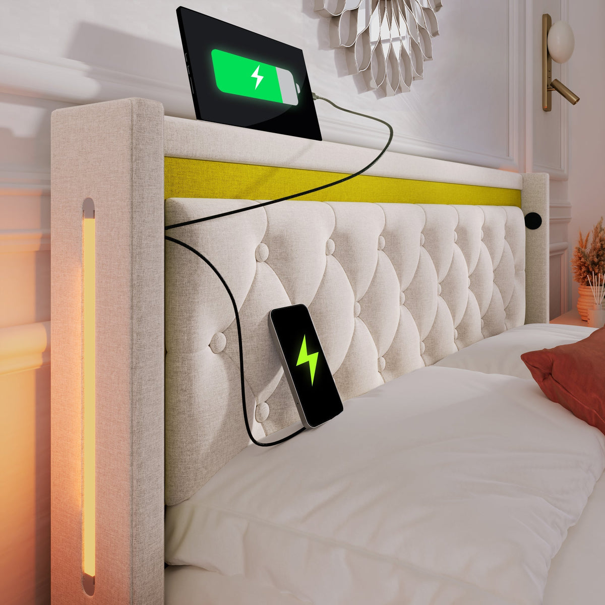 Upholstered Bed, LED Double Bed with USB & Type C Charging, Cotton
