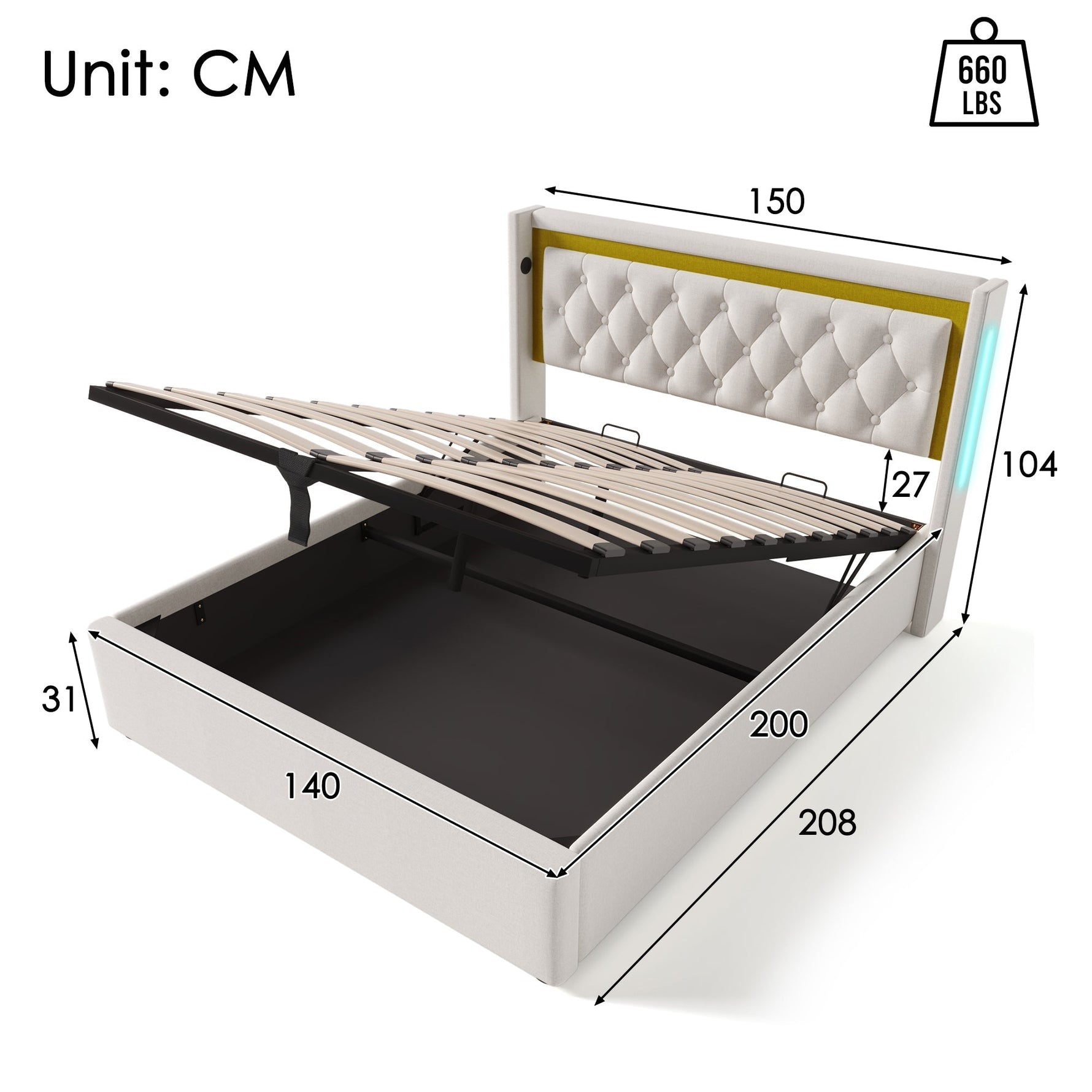 Upholstered Bed with LED, Storage, USB-C Headboard, 140x200 Cotton