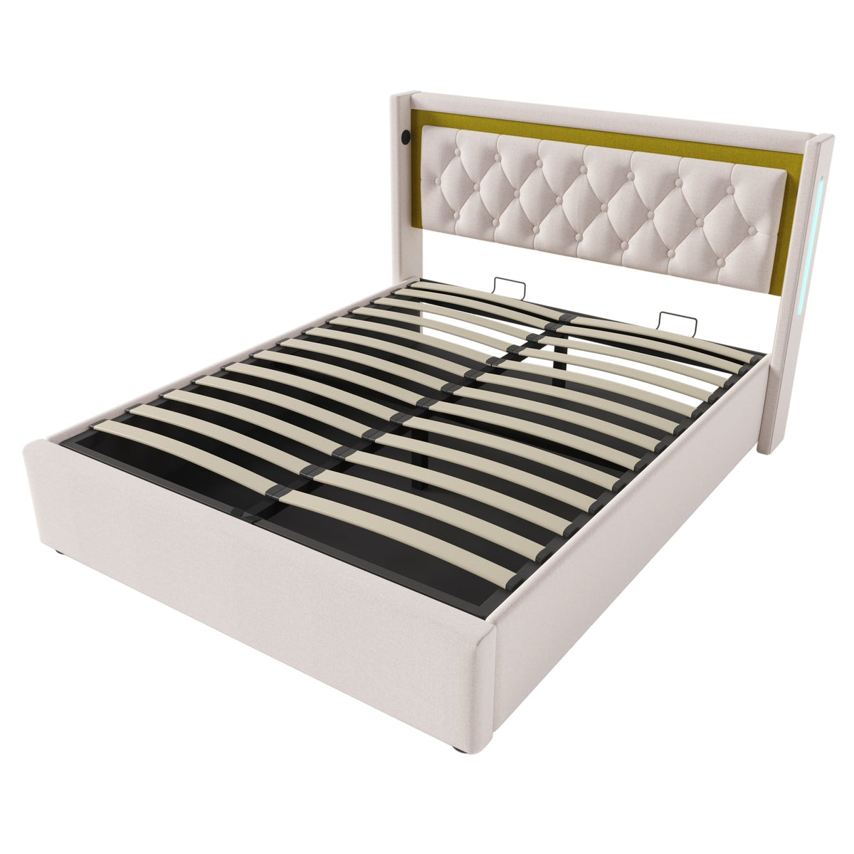 Upholstered Bed, LED Double Bed with USB & Type C Charging, Cotton