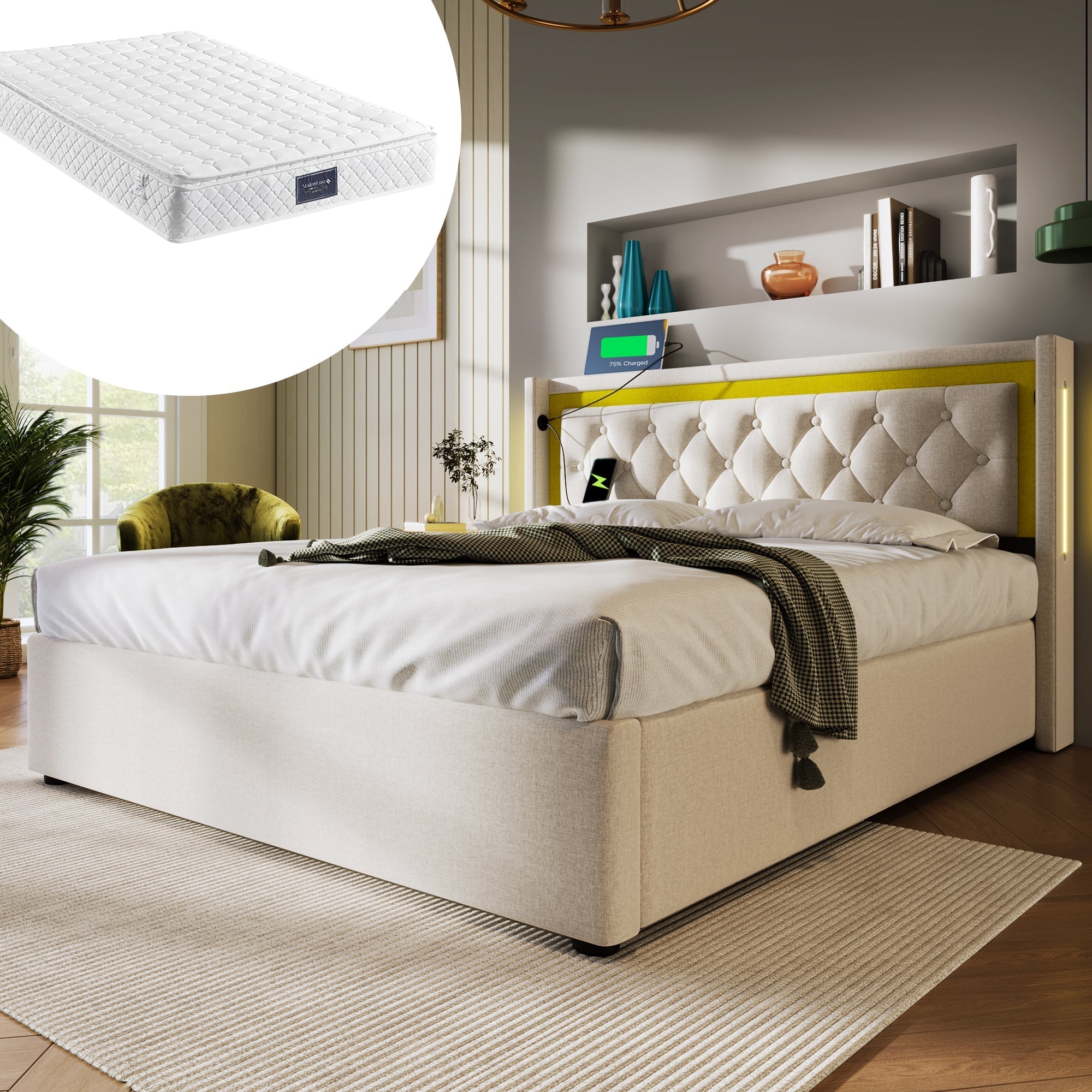 Upholstered Bed, LED Double Bed with USB & Type C Charging, Cotton