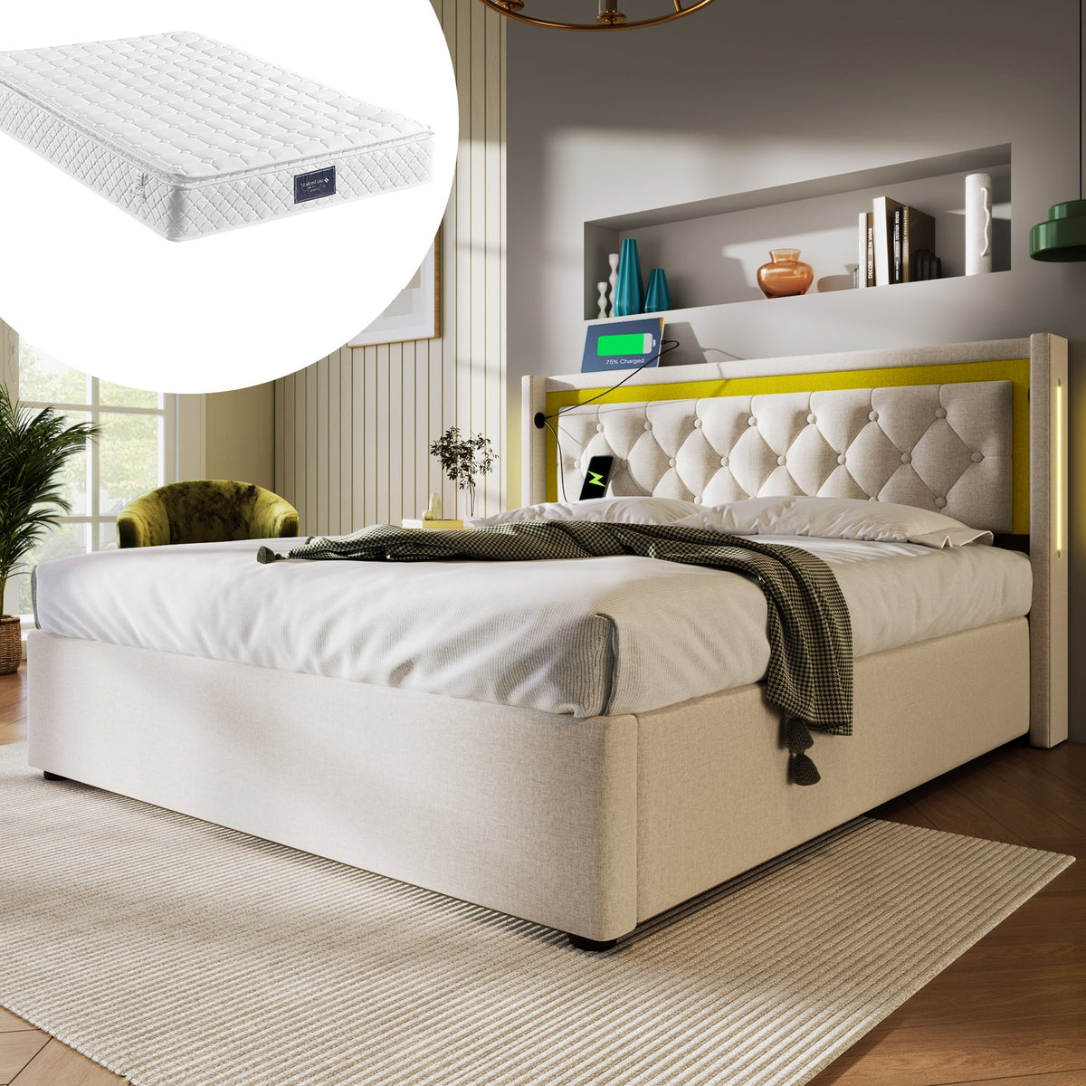Upholstered Bed, LED Double Bed with USB & Type C Charging, Cotton