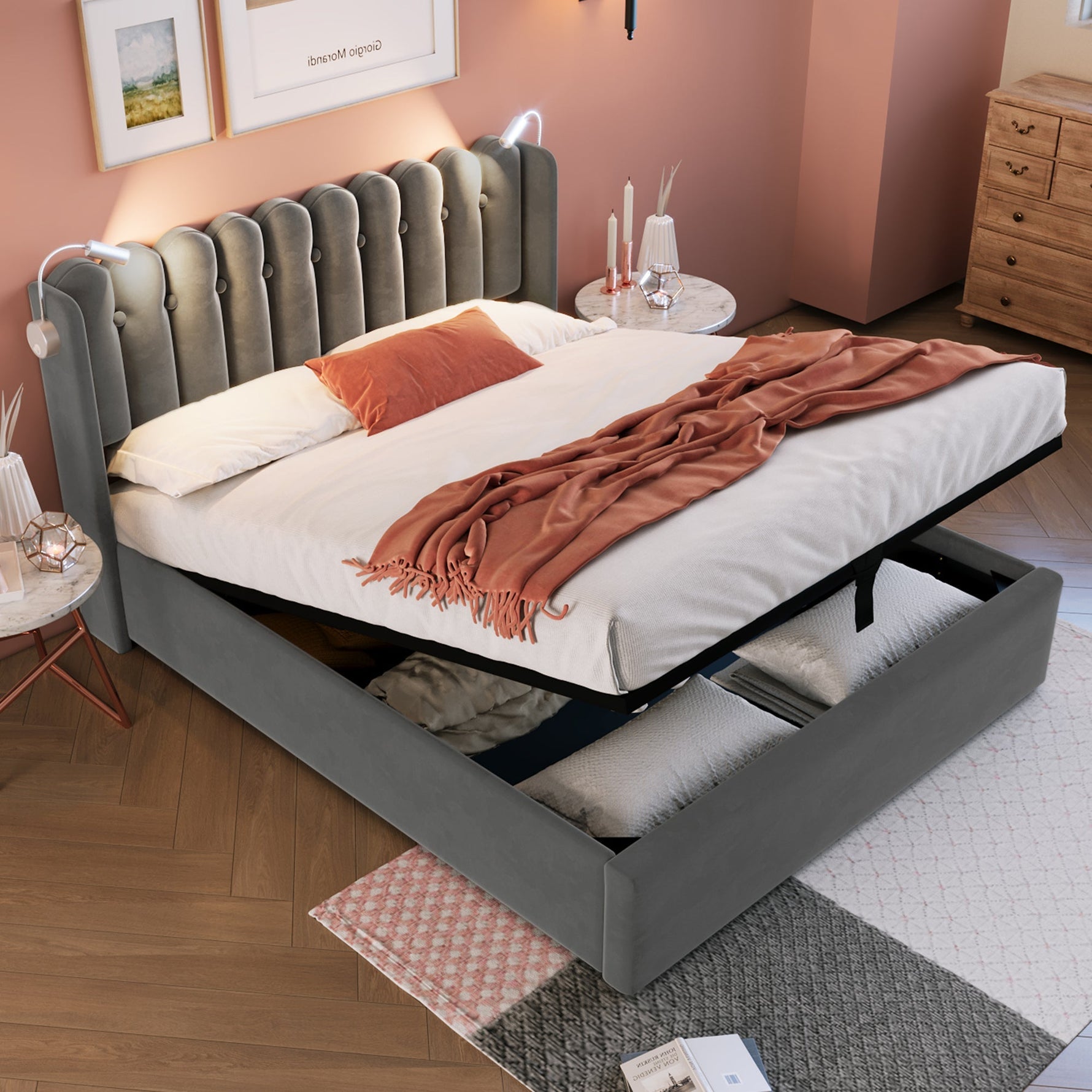 Upholstered Bed Double Reading Light Charging Headboard Storage 140x200 Velvet Gray
