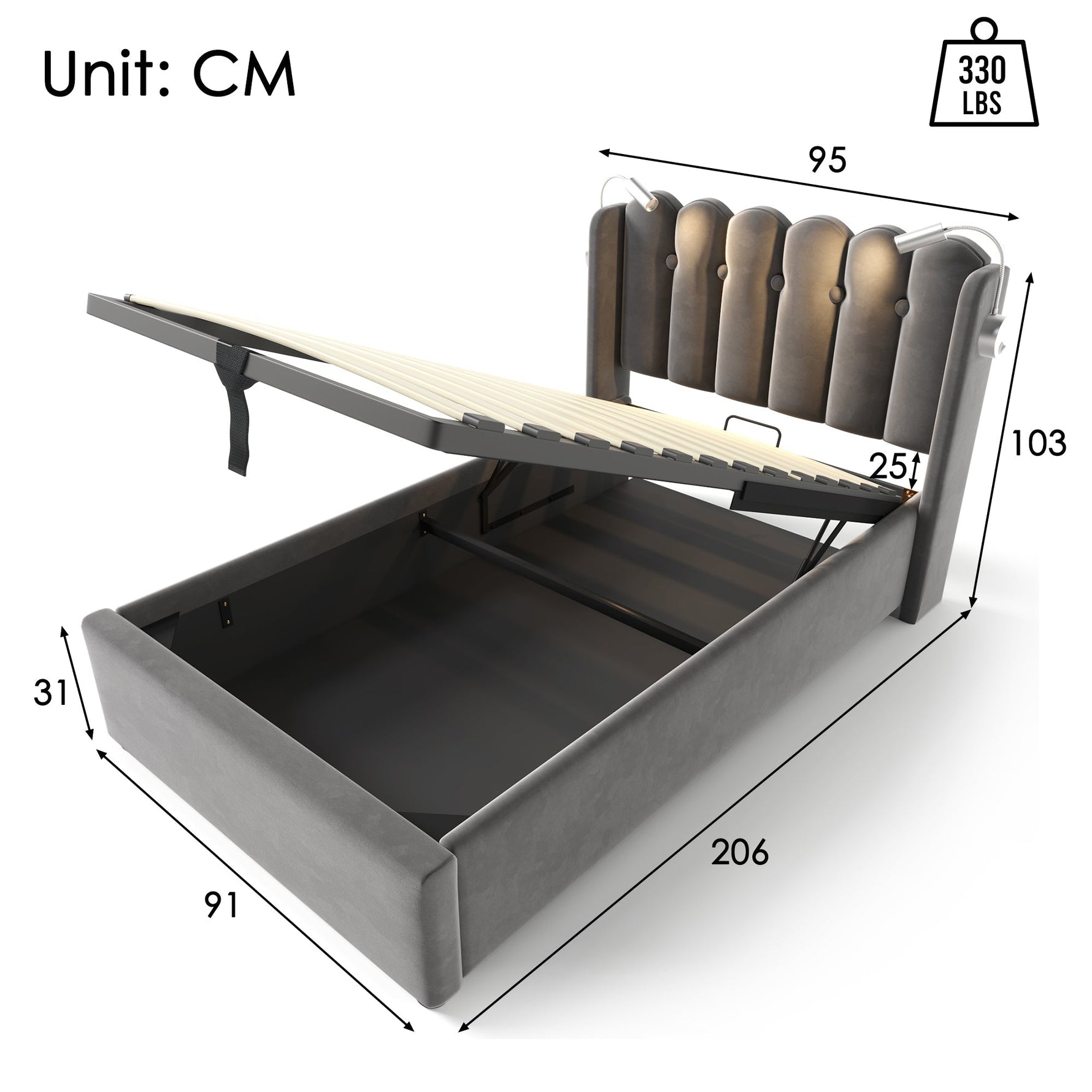 Upholstered Bed Single with Reading Light, Charging, Storage, Slatted Frame, Velvet Gray