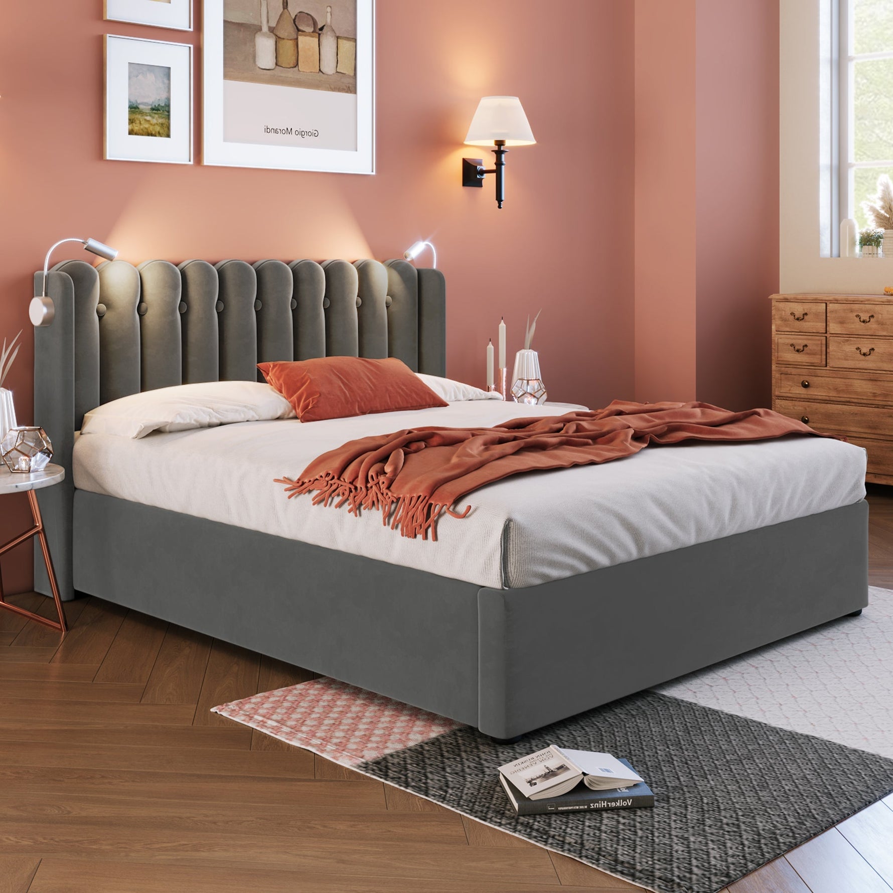 Upholstered Bed, Double with Reading Light, Charging, Storage, 160x200 Velvet Gray
