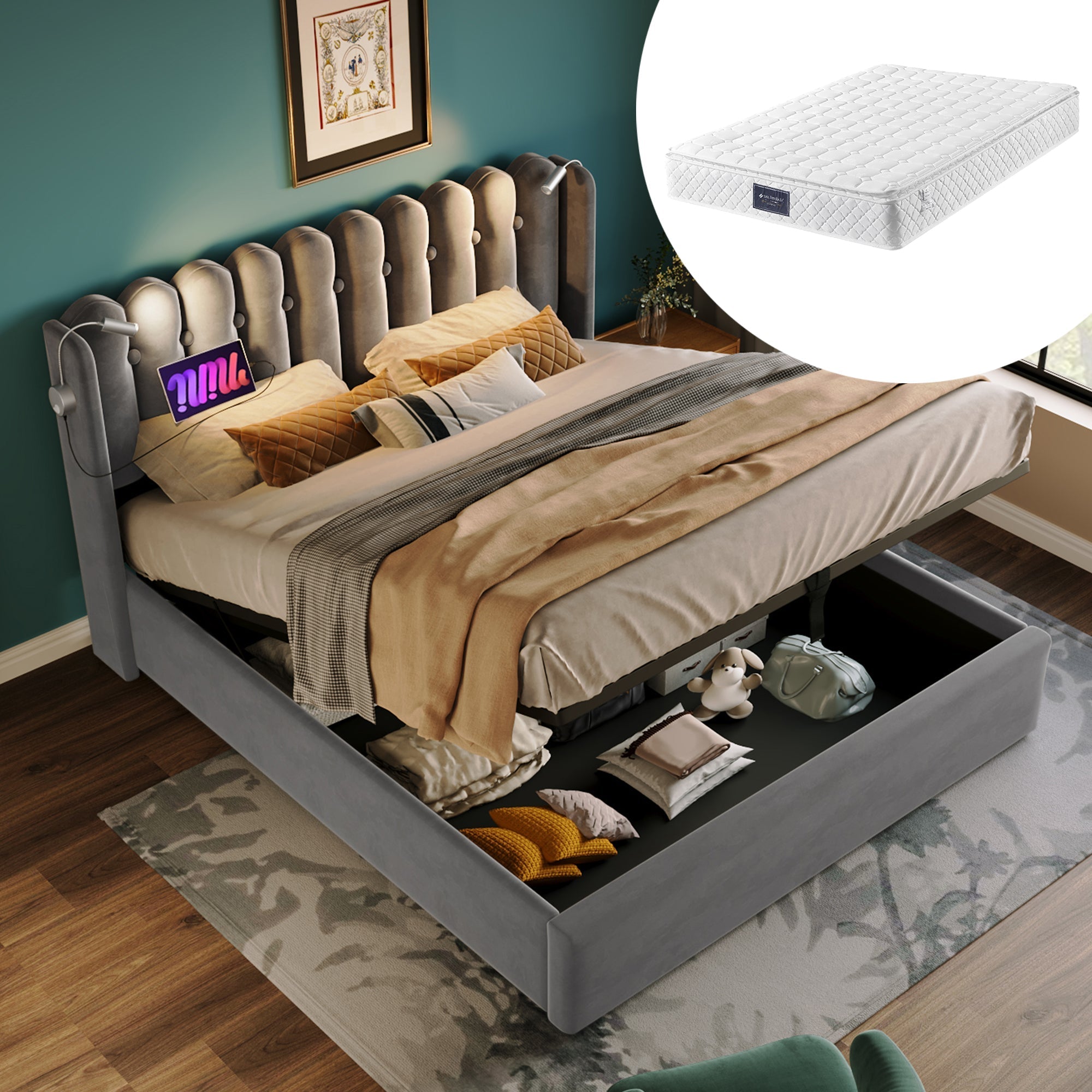 Upholstered Bed, Double with Reading Light, Charging, Storage, 160x200, Gray Velvet