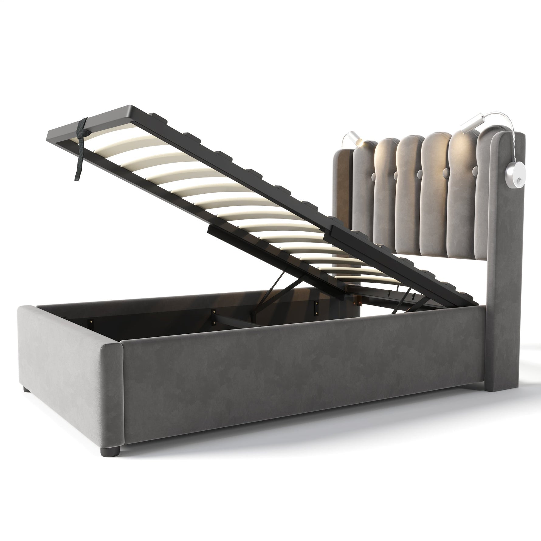 Upholstered Bed, Single with Reading Light, Charging & Storage Headboard, Velvet Gray