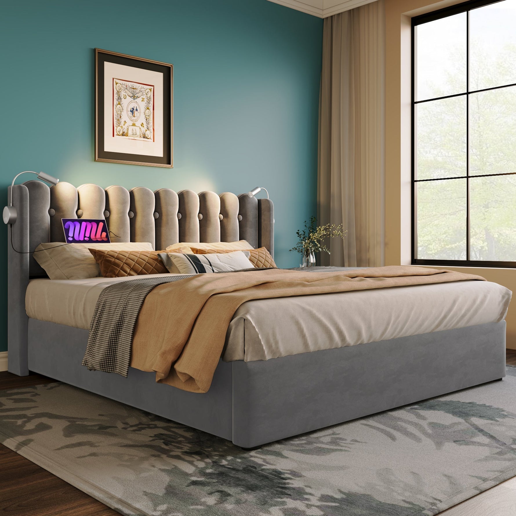 Upholstered Bed, Double with Reading Light, Charging, Storage, 160x200, Gray Velvet