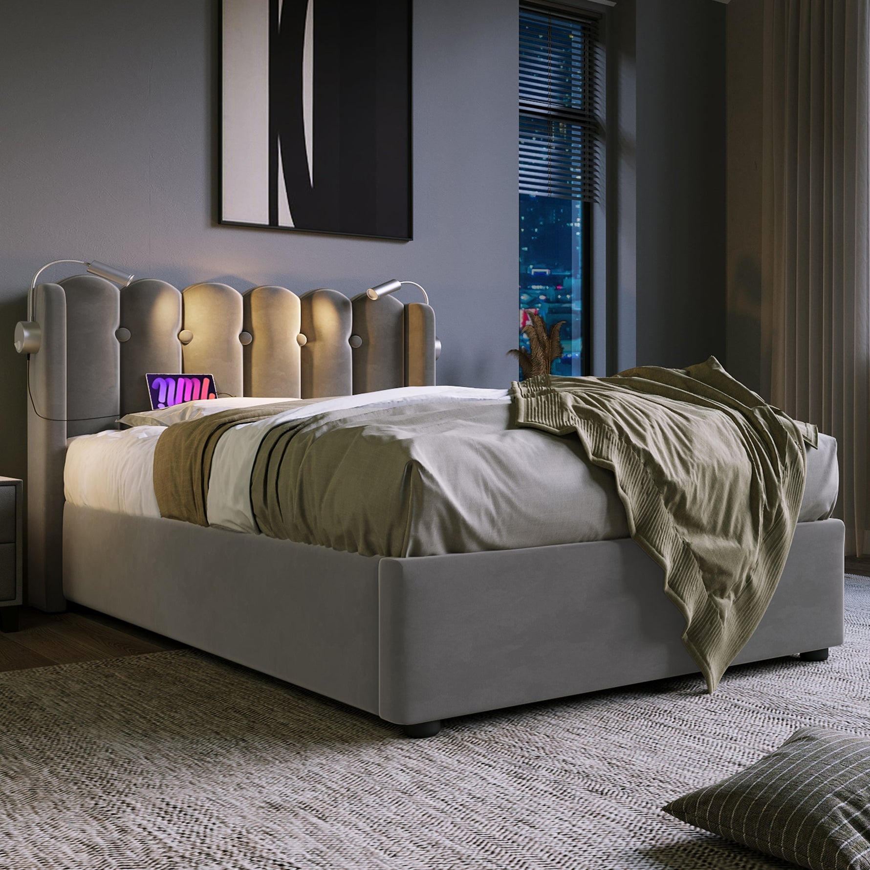 Upholstered Bed, Single with Reading Light, Charging & Storage Headboard, Velvet Gray