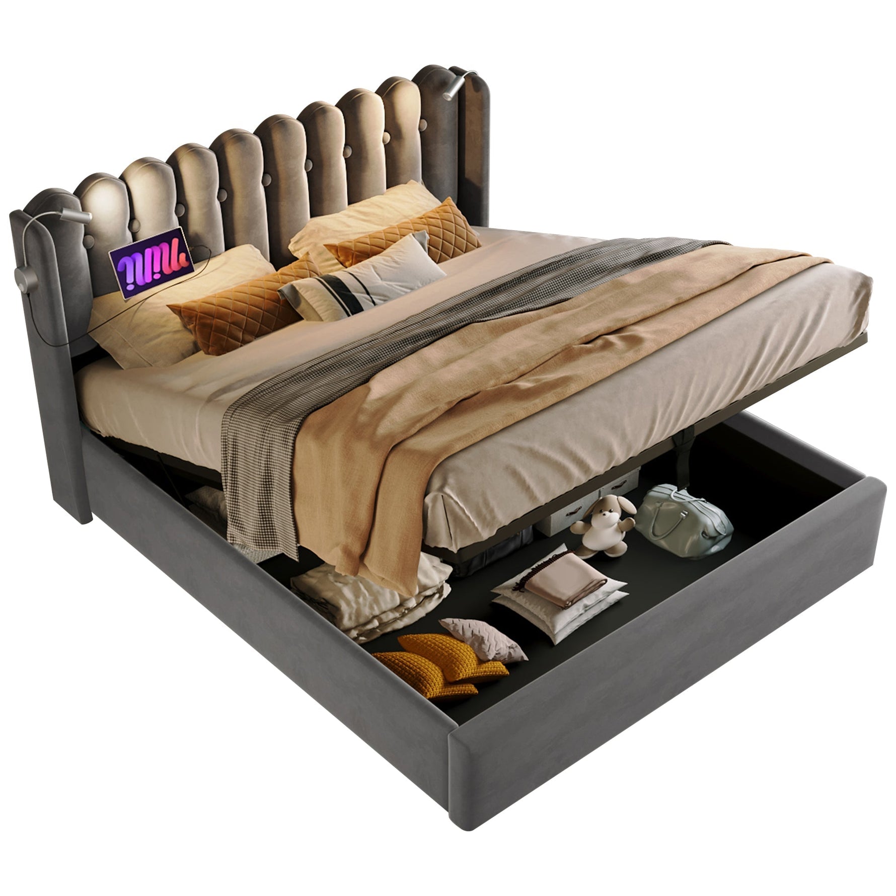 Upholstered Bed, Double with Reading Light, Charging, Storage, 160x200 Velvet Gray