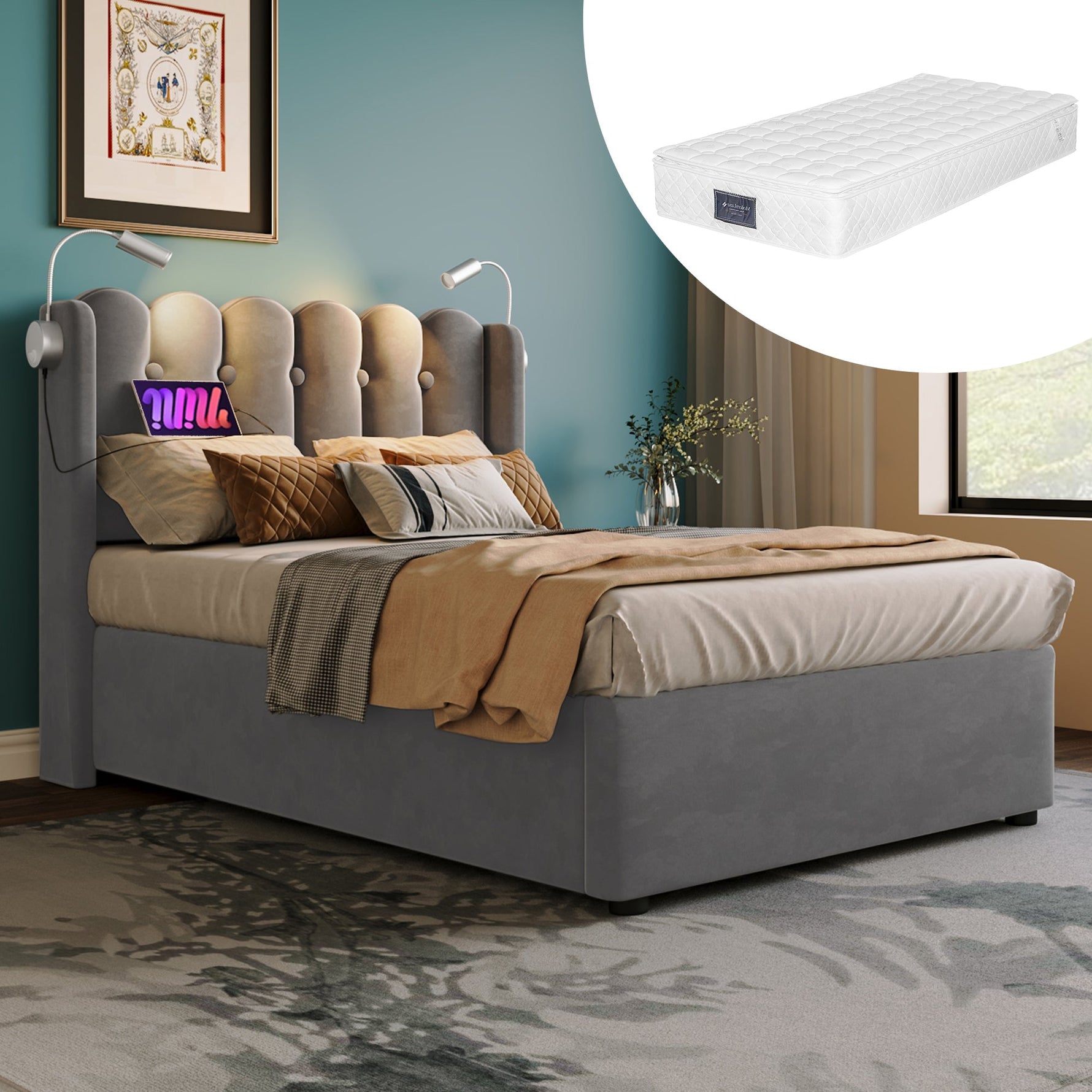Upholstered Bed Single with Reading Light, Charging, Storage, Slatted Frame, Velvet Gray