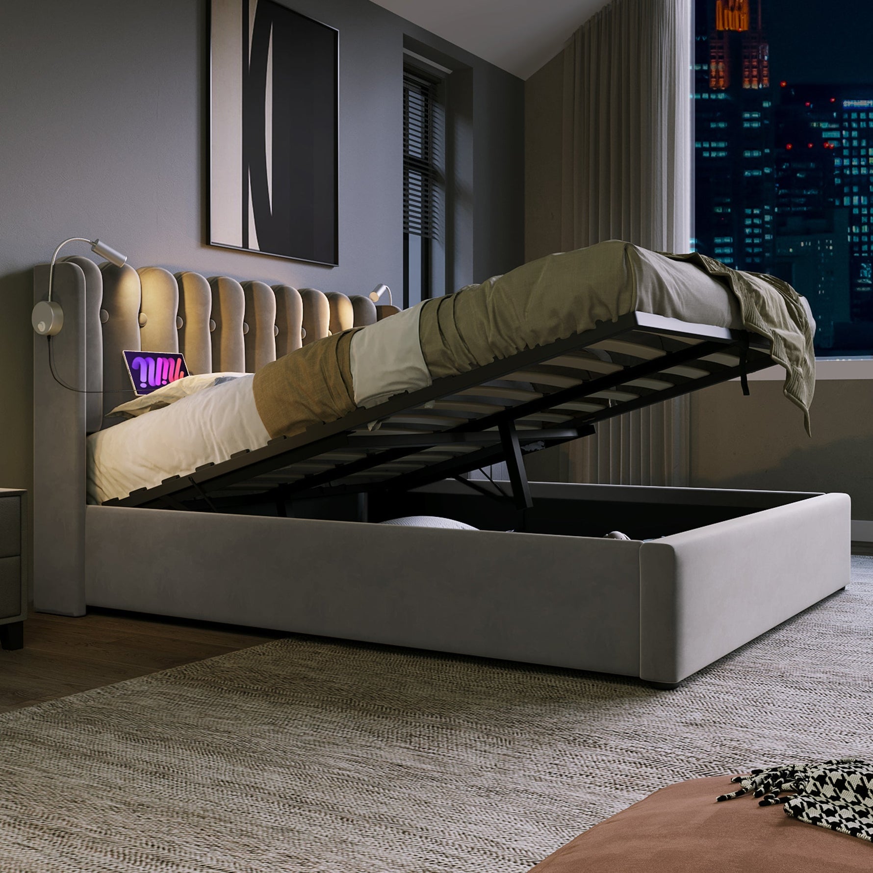 Upholstered Bed Double Reading Light Charging Headboard Storage 140x200 Velvet Gray