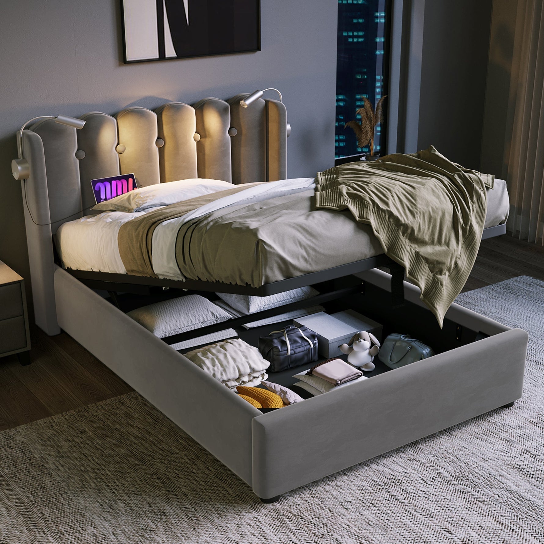 Upholstered Bed, Single with Reading Light, Charging & Storage Headboard, Velvet Gray