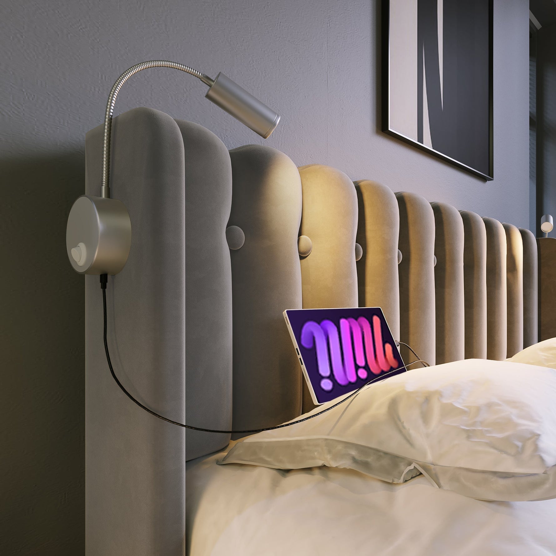 Upholstered Bed, Single with Reading Light, Charging & Storage Headboard, Velvet Gray