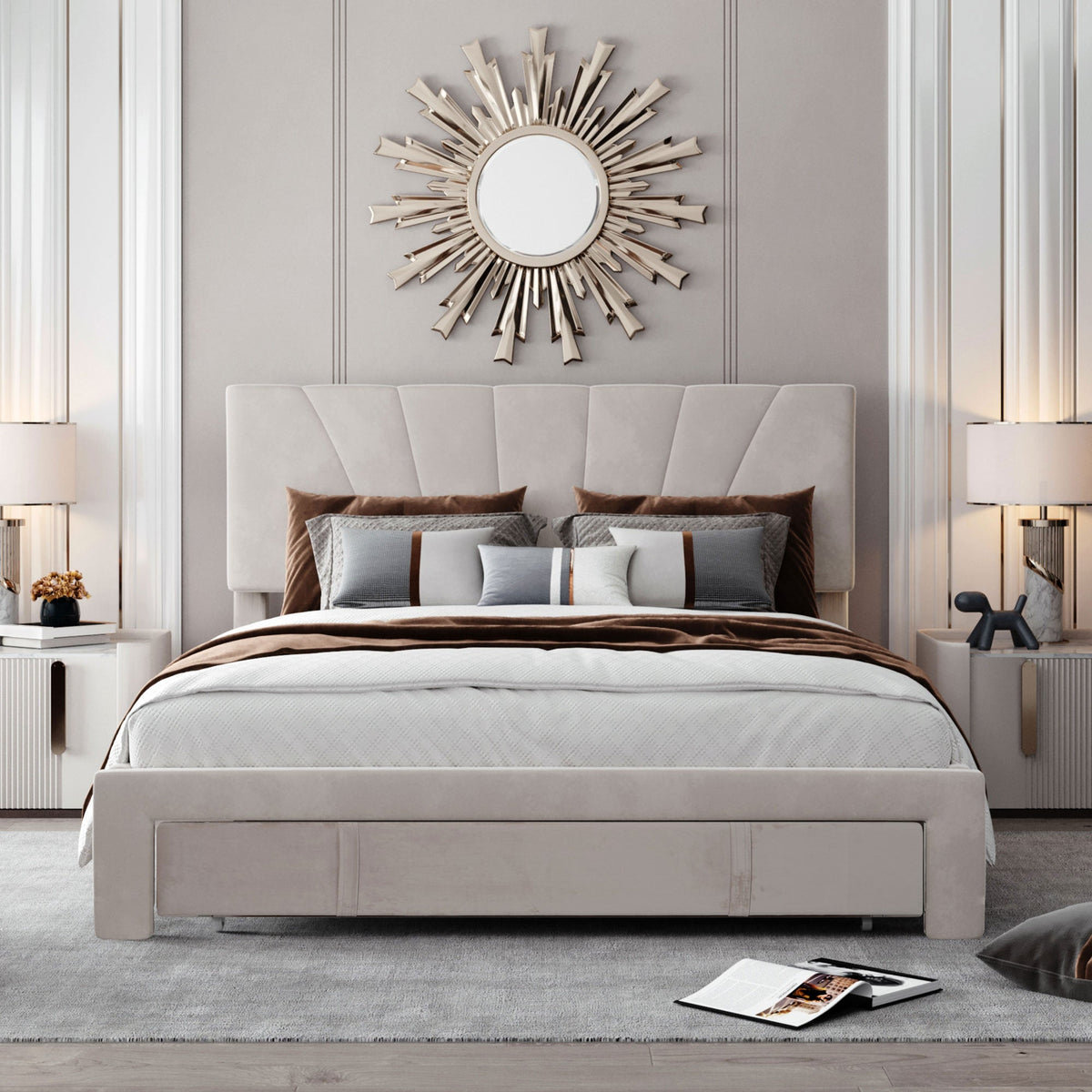 Upholstered Bed 140x200cm Slatted Base Headboard Large Drawer Flannel Beige