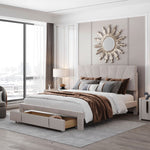 Upholstered Bed 140x200cm Slatted Base Headboard Large Drawer Flannel Beige