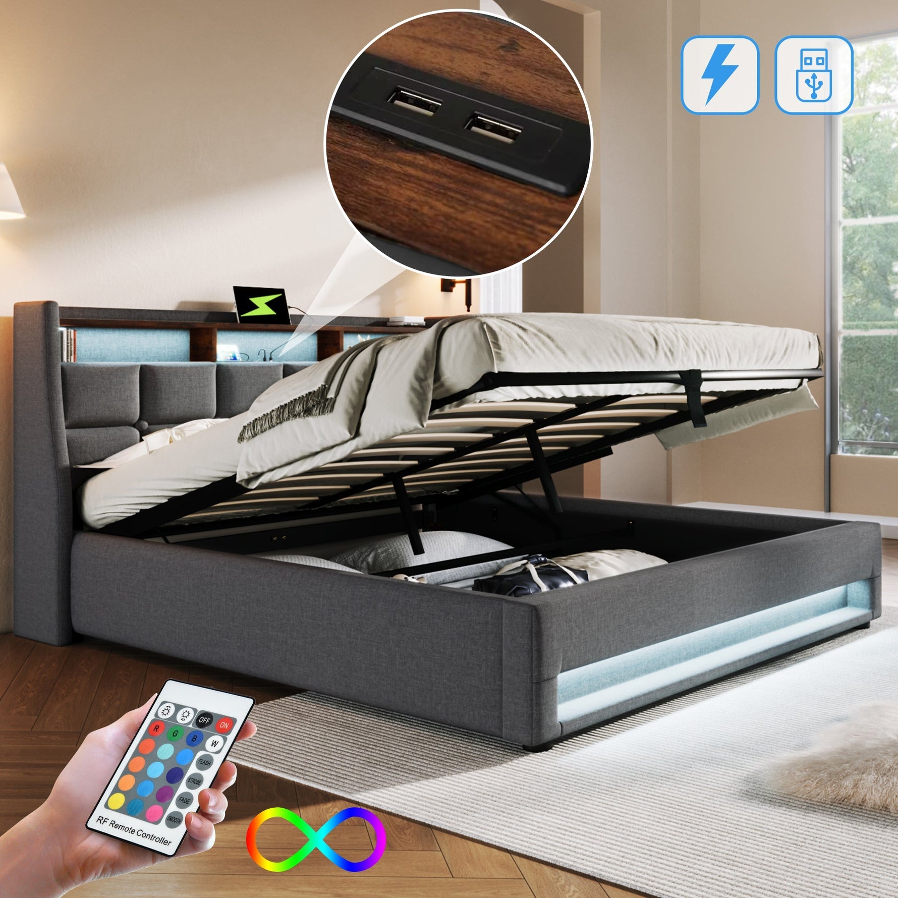 Upholstered Double Bed with USB, LED and Metal Slatted Base, 180x200cm, Grey Linen