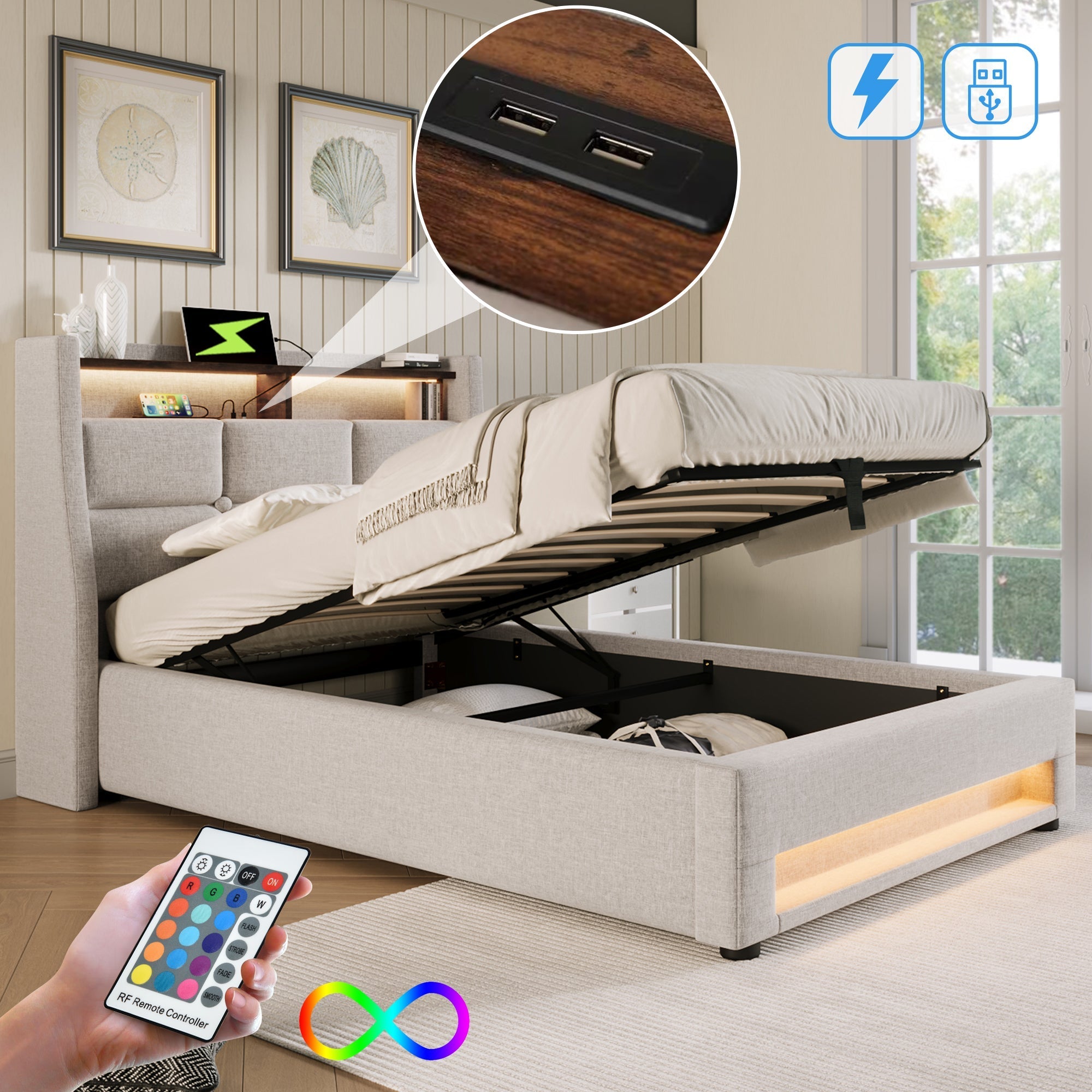 Upholstered Bed 90x200cm, LED Single with USB, Linen