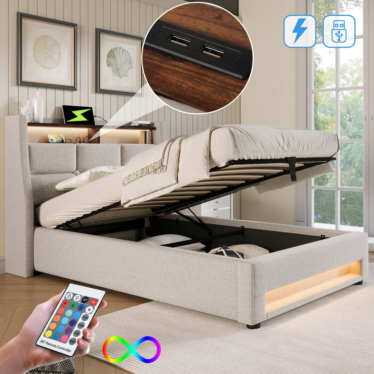Upholstered Bed 90x200cm, LED Single with USB, Linen